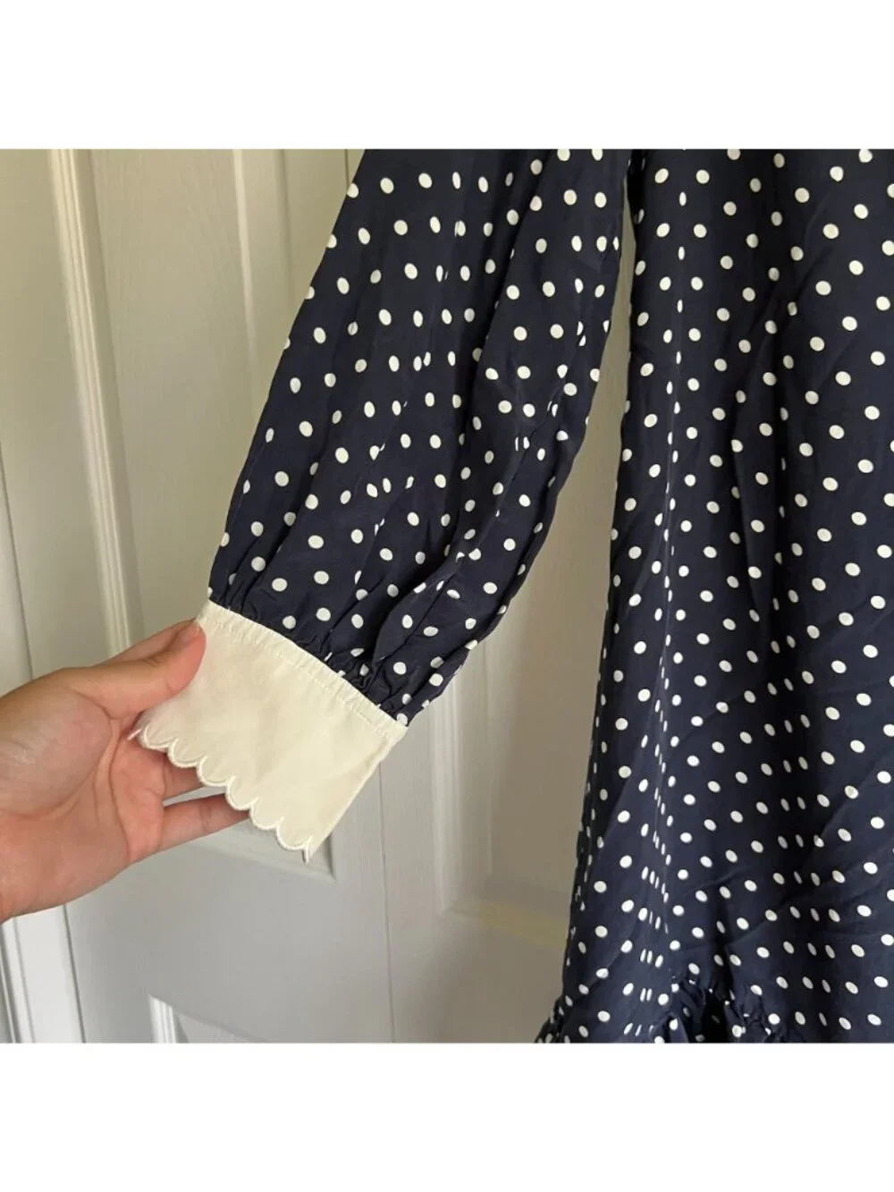 Tory Burch Cora Navy Blue White Polka Dot Silk Shirt Dress Women's Size 8